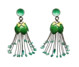 je.ar.8– Capparis, earrings, 950 silver, vitreous enamel, Colombian emerald