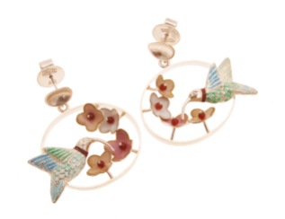 je.ar.9– Tiny Garden, earrings, 950 silver, vitreous enamel, cornelian