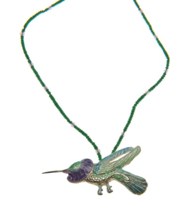 to.co.1– Hummingbird, necklace, 950 silver, vitreous enamel, malachite, amethyst