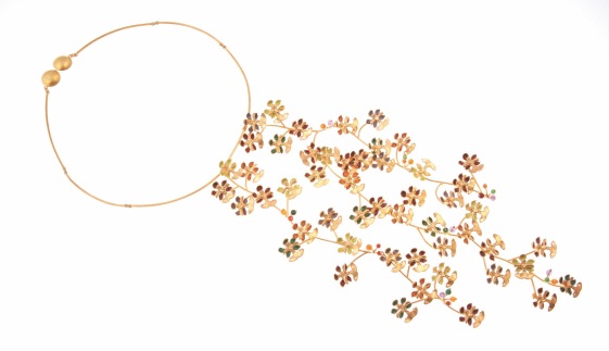 je.co.3– Golden rain (orchid), necklace, 950 silver, 24 karat gold plated, vitreous enamel, cornelian, jadeite, amethyst