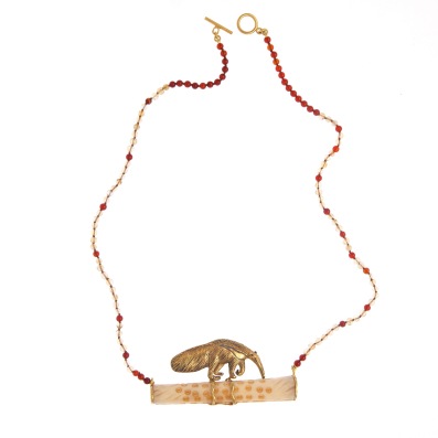 to.co.6– Anteater, necklace, 950 silver, 24 karat gold plated, patina, citrine, cornelian, bone