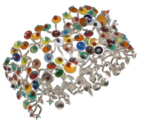va.pu.1– Luminescences, bracelet, 950 silver, vitreous enamel, cornelian, onyx, turquoise, garnet, jadeite, rose quartz